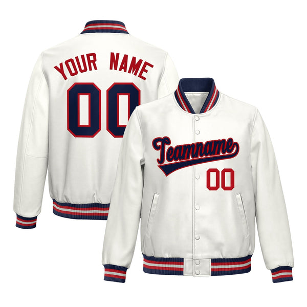 Custom White Navy Red Full-Snap Varsity Faux Leather Letterman Jacket | BuyFootballJersey