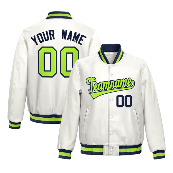 Custom White Neon Green Full-Snap Varsity Faux Leather Letterman Jacket | BuyFootballJersey