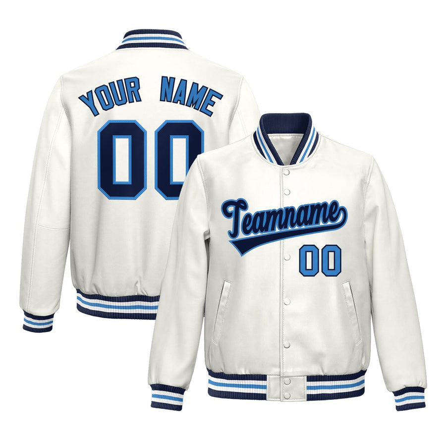 Custom White Light Blue Full-Snap Varsity Faux Leather Letterman Jacket | BuyFootballJersey