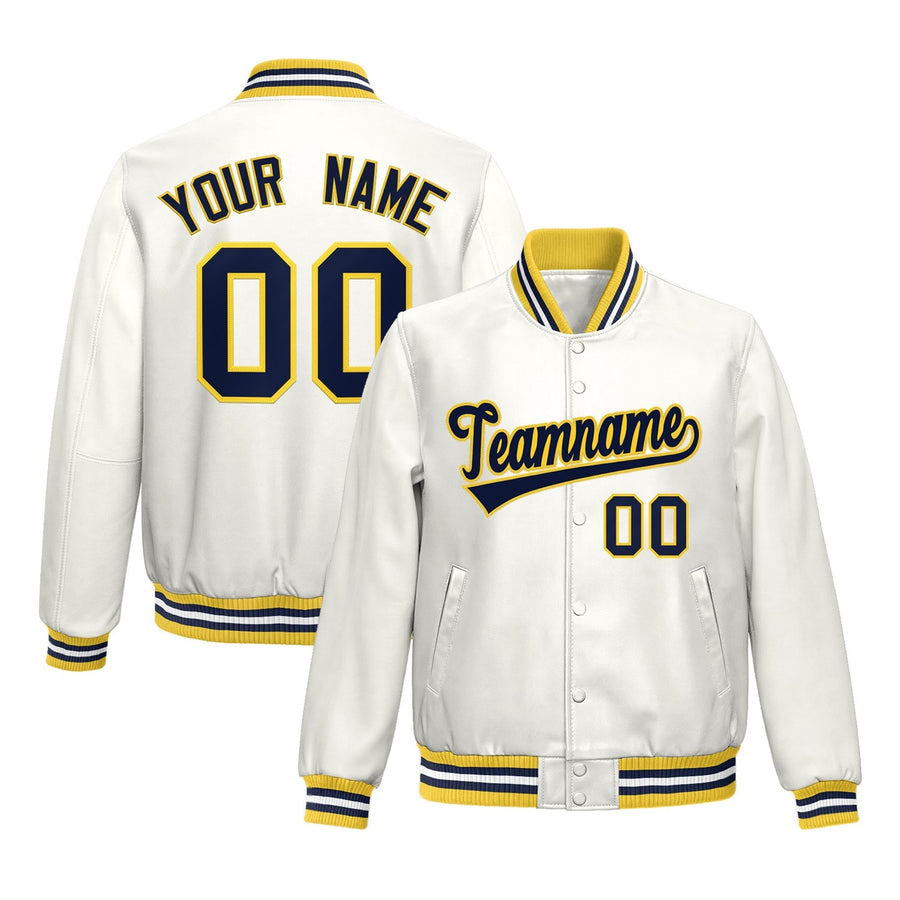 Custom White Yellow Navy Full-Snap Varsity Faux Leather Letterman Jacket | BuyFootballJersey