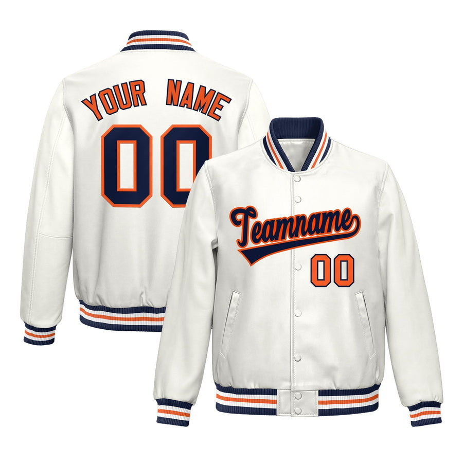 Custom White Navy Orange Full-Snap Varsity Faux Leather Letterman Jacket | BuyFootballJersey