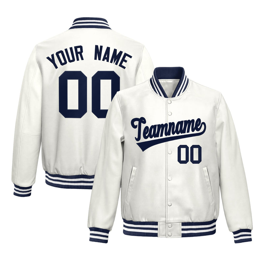 Custom White Navy Full-Snap Varsity Faux Leather Letterman Jacket | BuyFootballJersey