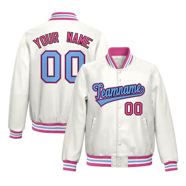 Custom White Pink Full-Snap Varsity Faux Leather Letterman Jacket | BuyFootballJersey