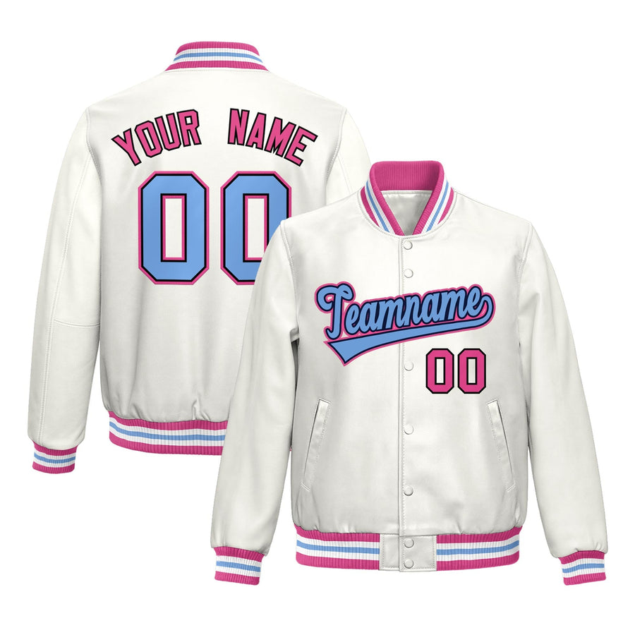 Custom White Pink Full-Snap Varsity Faux Leather Letterman Jacket | BuyFootballJersey