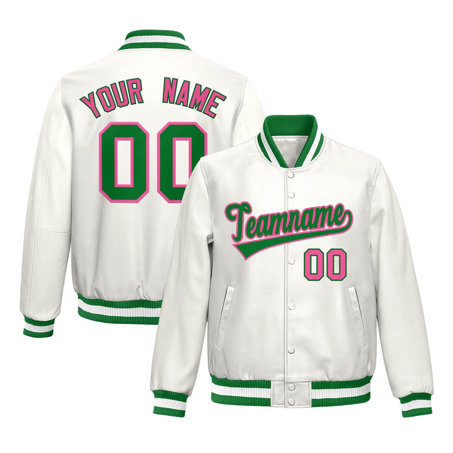 Custom White Kelly Green Pink Full-Snap Varsity Faux Leather Letterman Jacket | BuyFootballJersey