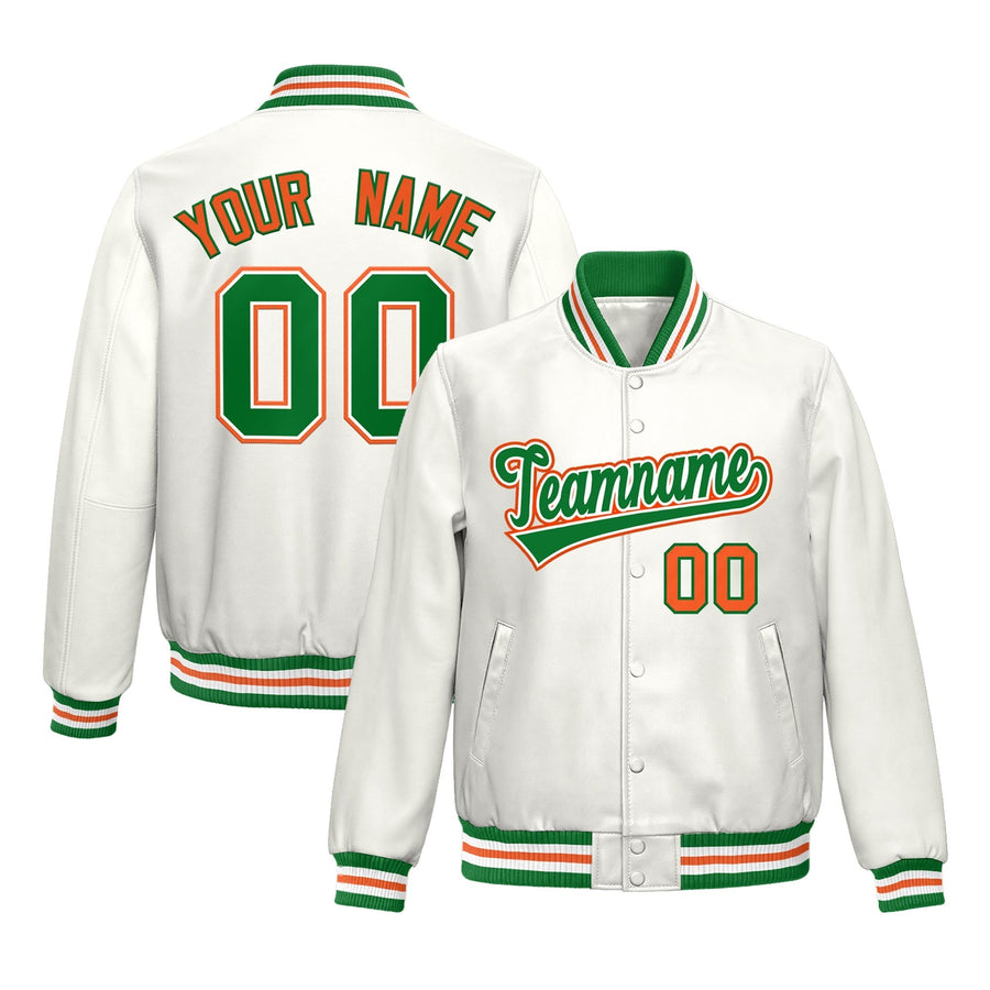 Custom White Kelly Green Orange Full-Snap Varsity Faux Leather Letterman Jacket | BuyFootballJersey