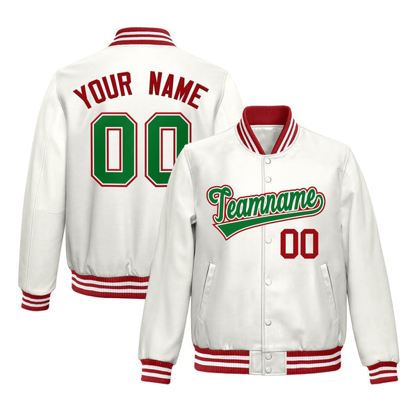 Custom White Kelly Green Full-Snap Varsity Faux Leather Letterman Jacket | BuyFootballJersey