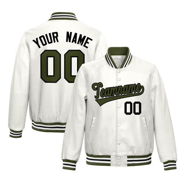 Custom White Olive Full-Snap Varsity Faux Leather Letterman Jacket | BuyFootballJersey