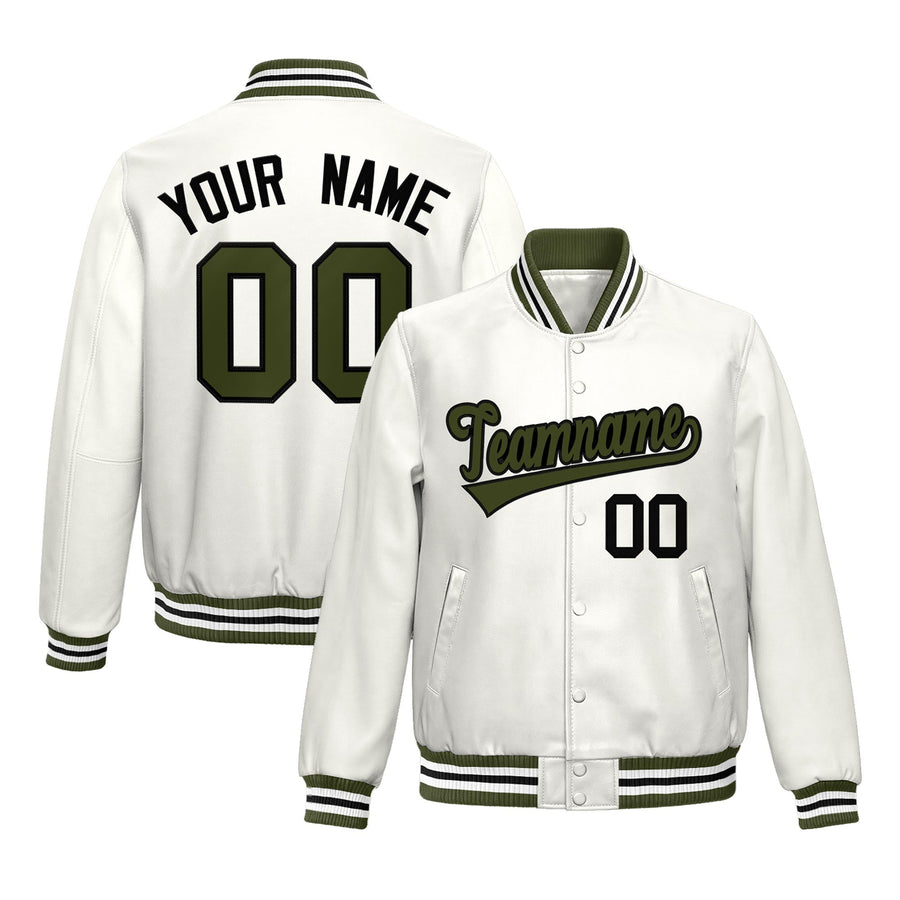 Custom White Olive Full-Snap Varsity Faux Leather Letterman Jacket | BuyFootballJersey