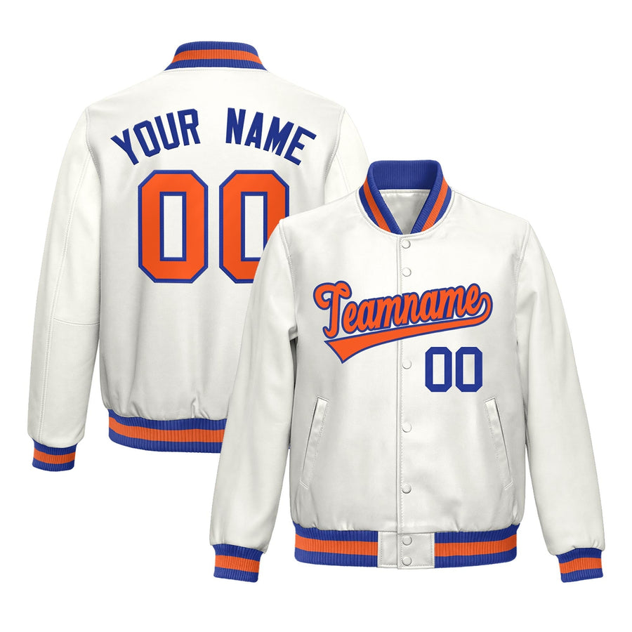 Custom White Royal Blue Orange Full-Snap Varsity Faux Leather Letterman Jacket | BuyFootballJersey
