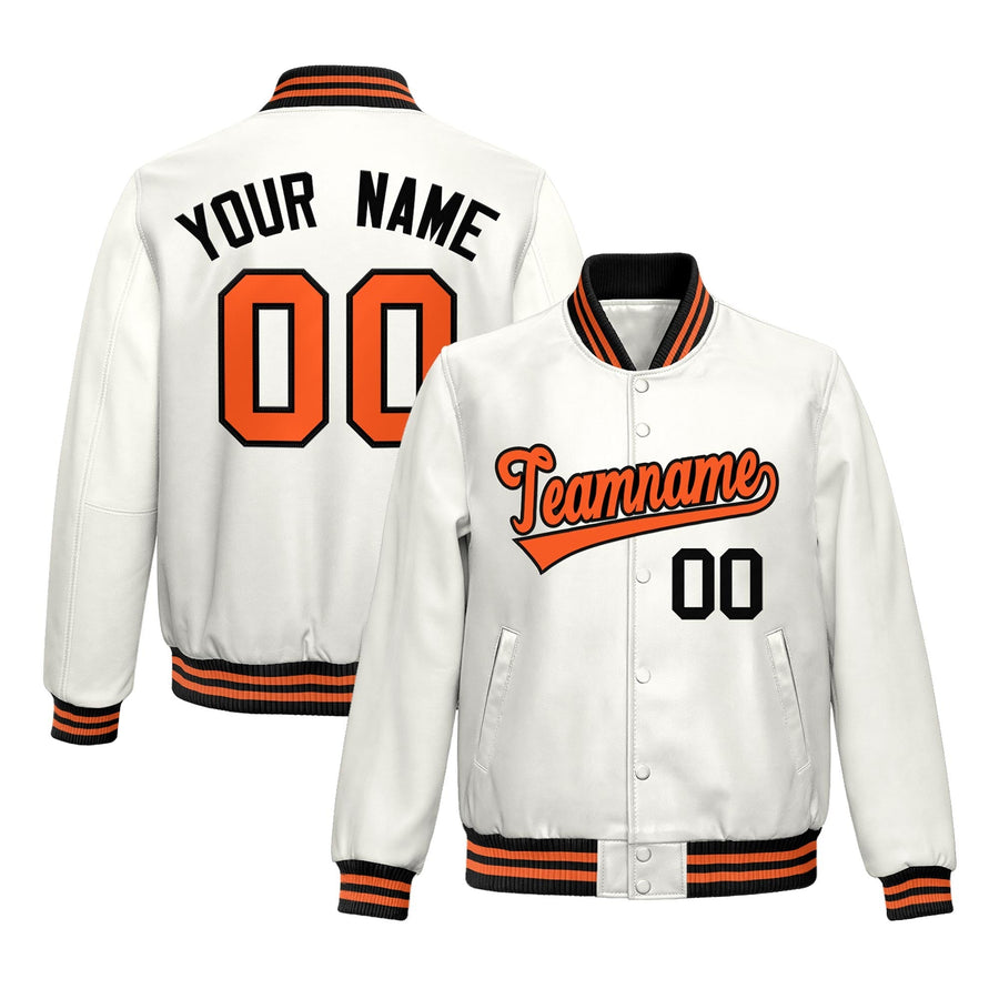 Custom White Orange Full-Snap Varsity Faux Leather Letterman Jacket | BuyFootballJersey