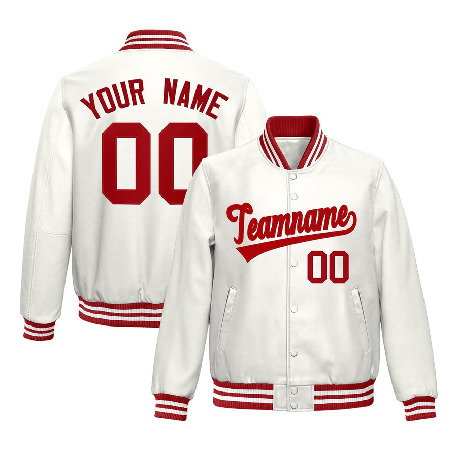 Custom White Red Full-Snap Varsity Faux Leather Letterman Jacket | BuyFootballJersey