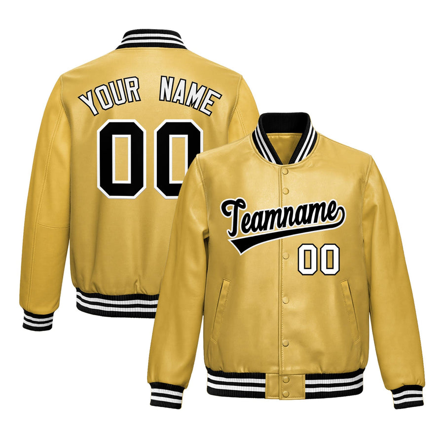 Custom Khaki Black Full-Snap Varsity Faux Leather Letterman Jacket | BuyFootballJersey