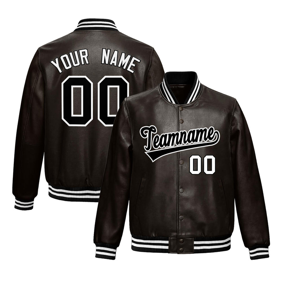 Custom Brown Black Full-Snap Varsity Faux Leather Letterman Jacket | BuyFootballJersey