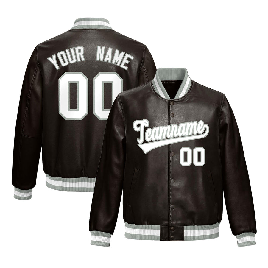 Custom Brown Gray Full-Snap Varsity Faux Leather Letterman Jacket | BuyFootballJersey
