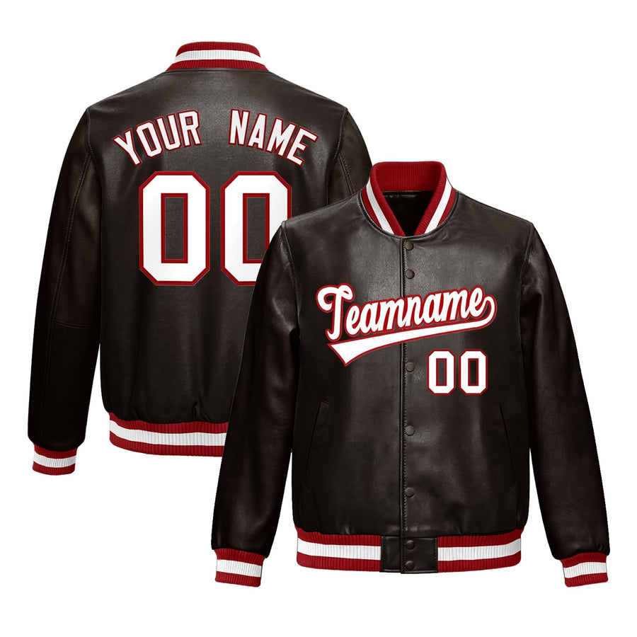 Custom Brown Red Full-Snap Varsity Faux Leather Letterman Jacket | BuyFootballJersey