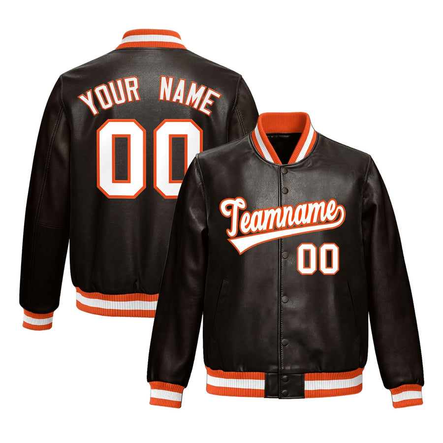 Custom Brown Orange Full-Snap Varsity Faux Leather Letterman Jacket | BuyFootballJersey