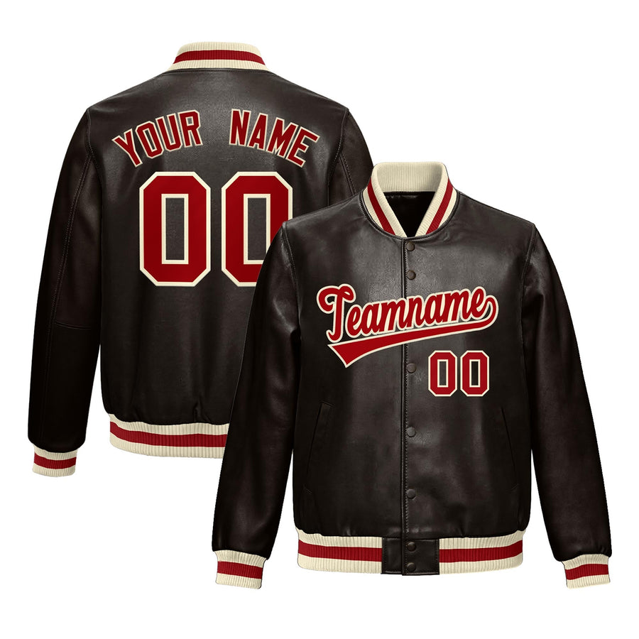 Custom Brown Red Cream Full-Snap Varsity Faux Leather Letterman Jacket | BuyFootballJersey