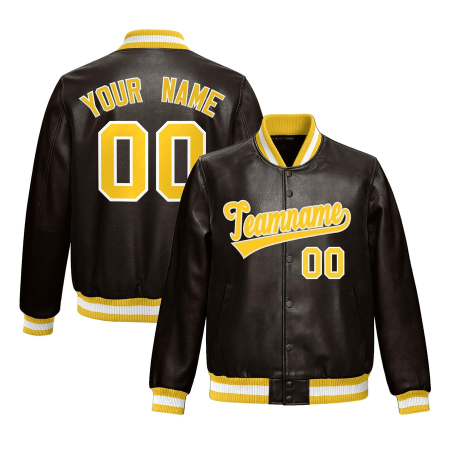 Custom Brown Yellow Full-Snap Varsity Faux Leather Letterman Jacket | BuyFootballJersey