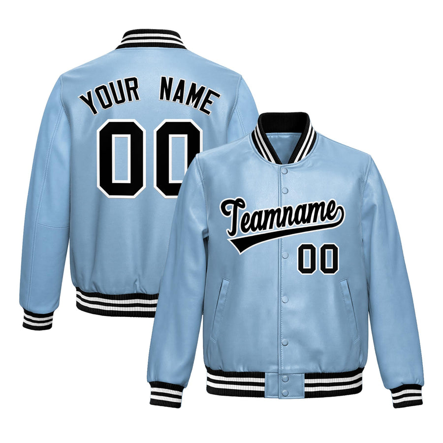 Custom Powder Blue Black Full-Snap Varsity Faux Leather Letterman Jacket | BuyFootballJersey