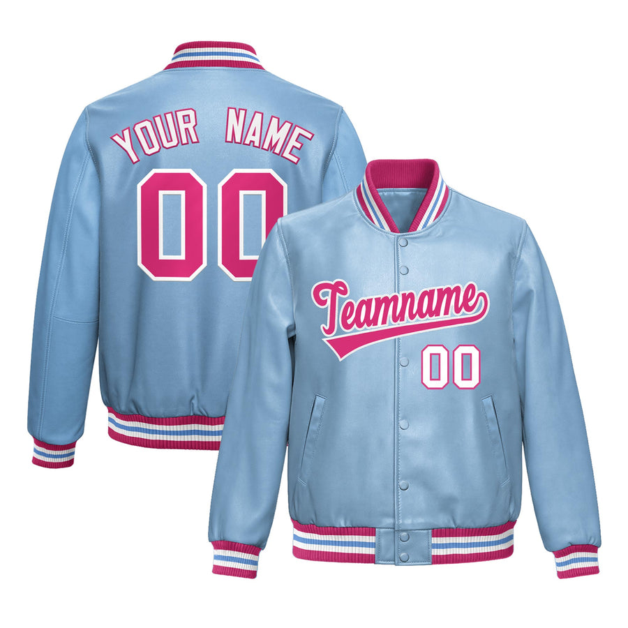 Custom Powder Blue Pink Full-Snap Varsity Faux Leather Letterman Jacket | BuyFootballJersey