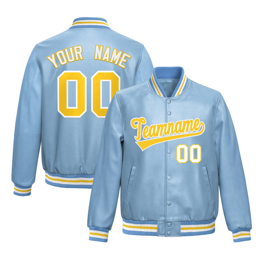 Custom Powder Blue Gold Full-Snap Varsity Faux Leather Letterman Jacket | BuyFootballJersey