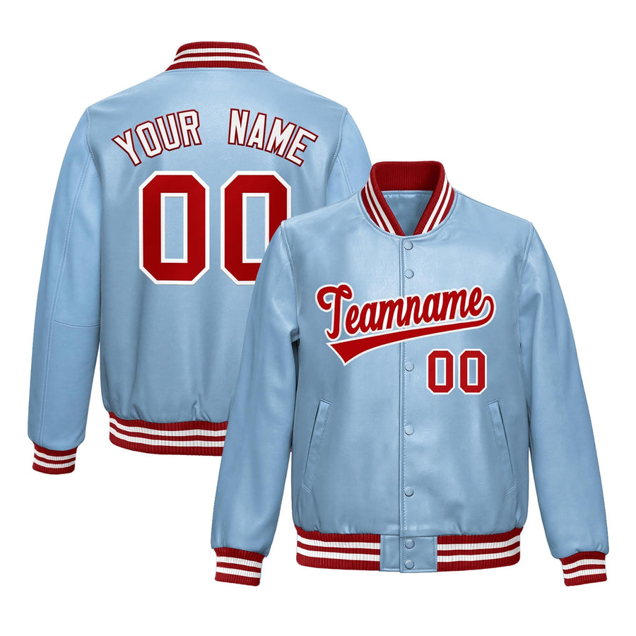 Custom Powder Blue Red Full-Snap Varsity Faux Leather Letterman Jacket | BuyFootballJersey