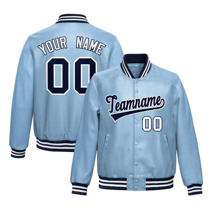 Custom Powder Blue Navy Full-Snap Varsity Faux Leather Letterman Jacket | BuyFootballJersey