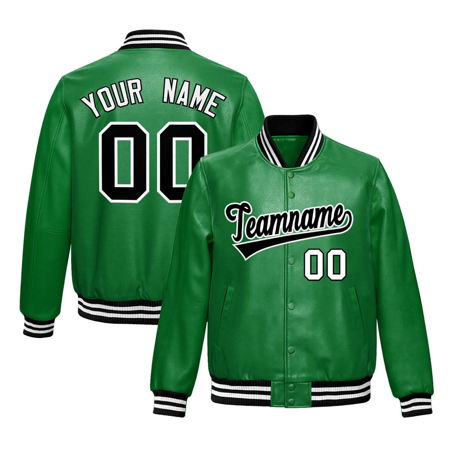 Custom Kelly Green Black Full-Snap Varsity Faux Leather Letterman Jacket | BuyFootballJersey