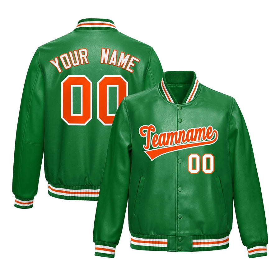Custom Kelly Green Orange Full-Snap Varsity Faux Leather Letterman Jacket | BuyFootballJersey