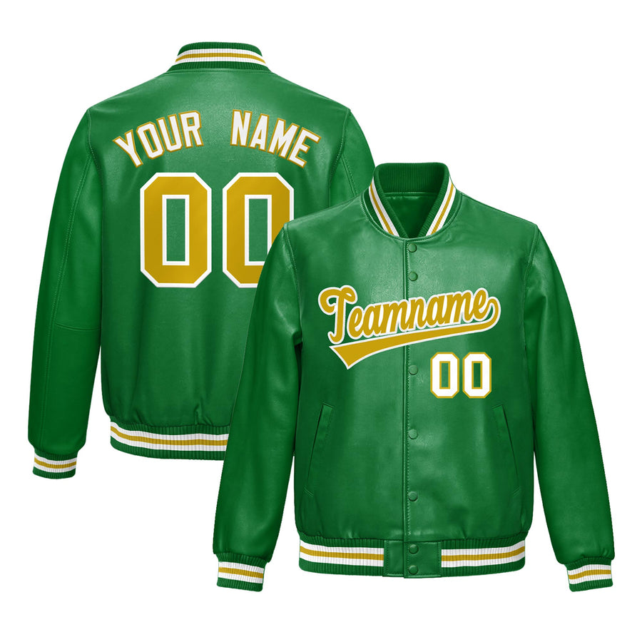 Custom Kelly Green Old Gold Full-Snap Varsity Faux Leather Letterman Jacket | BuyFootballJersey