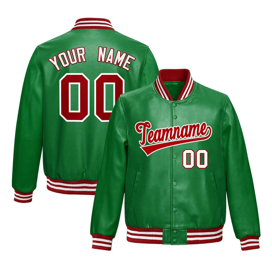 Custom Kelly Green Red Full-Snap Varsity Faux Leather Letterman Jacket | BuyFootballJersey