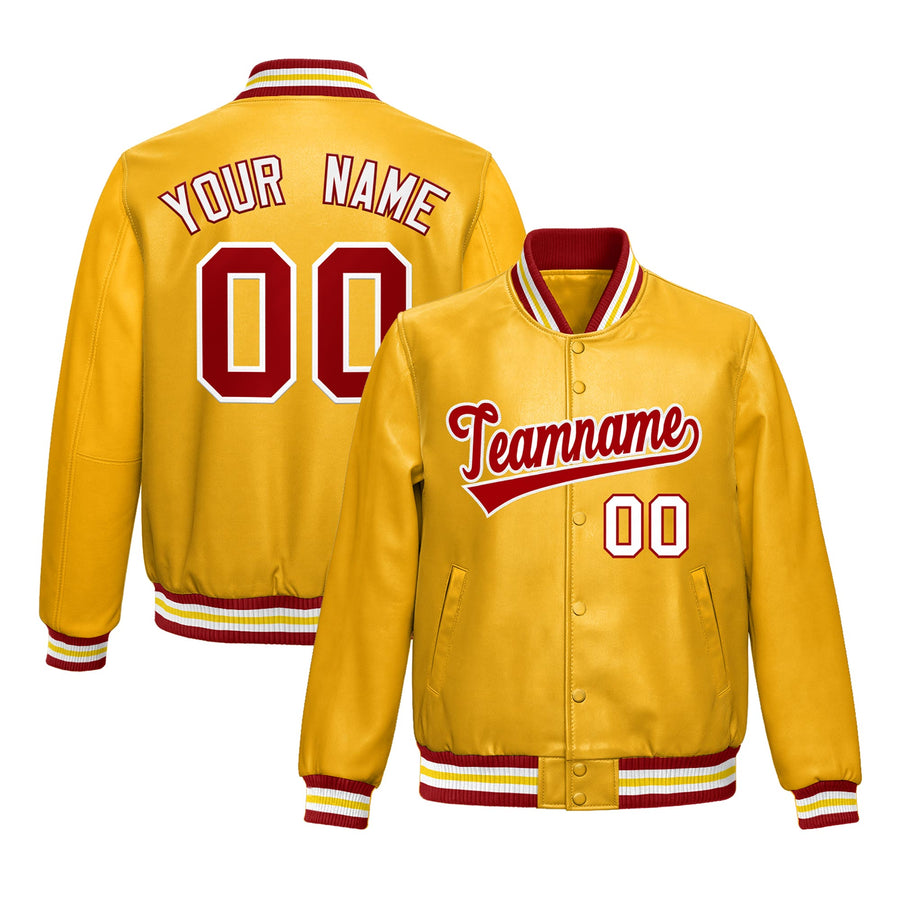 Custom Yellow Red Full-Snap Varsity Faux Leather Letterman Jacket | BuyFootballJersey