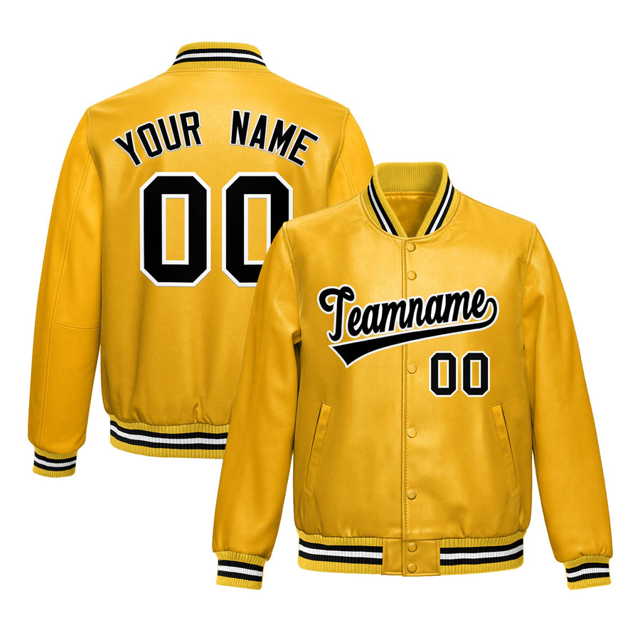 Custom Yellow Black Full-Snap Varsity Faux Leather Letterman Jacket | BuyFootballJersey