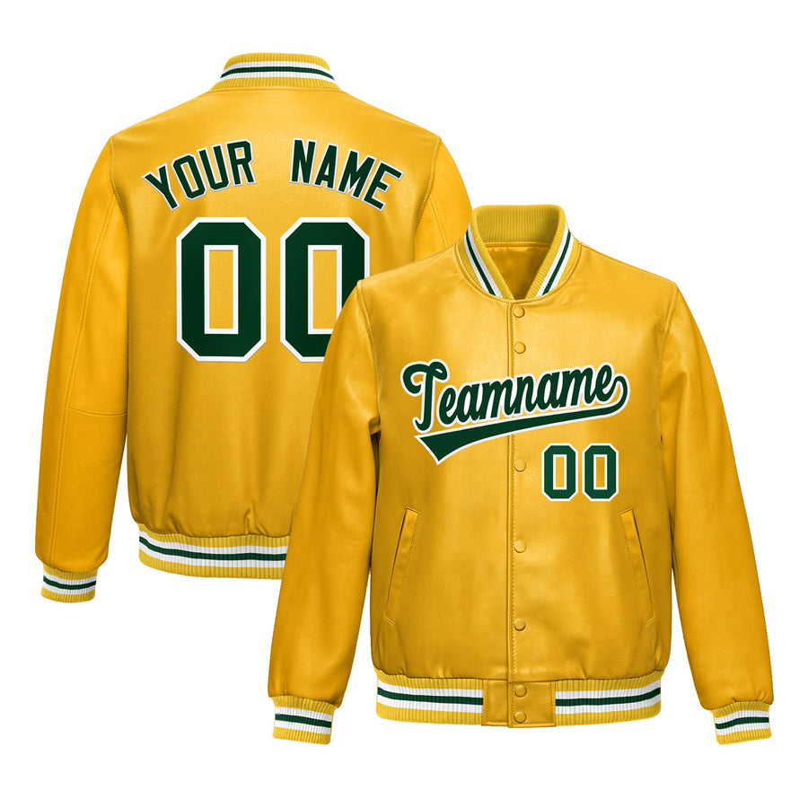 Custom Yellow Dark Green Full-Snap Varsity Faux Leather Letterman Jacket | BuyFootballJersey