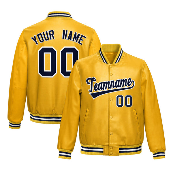 Custom Yellow Navy Full-Snap Varsity Faux Leather Letterman Jacket | BuyFootballJersey