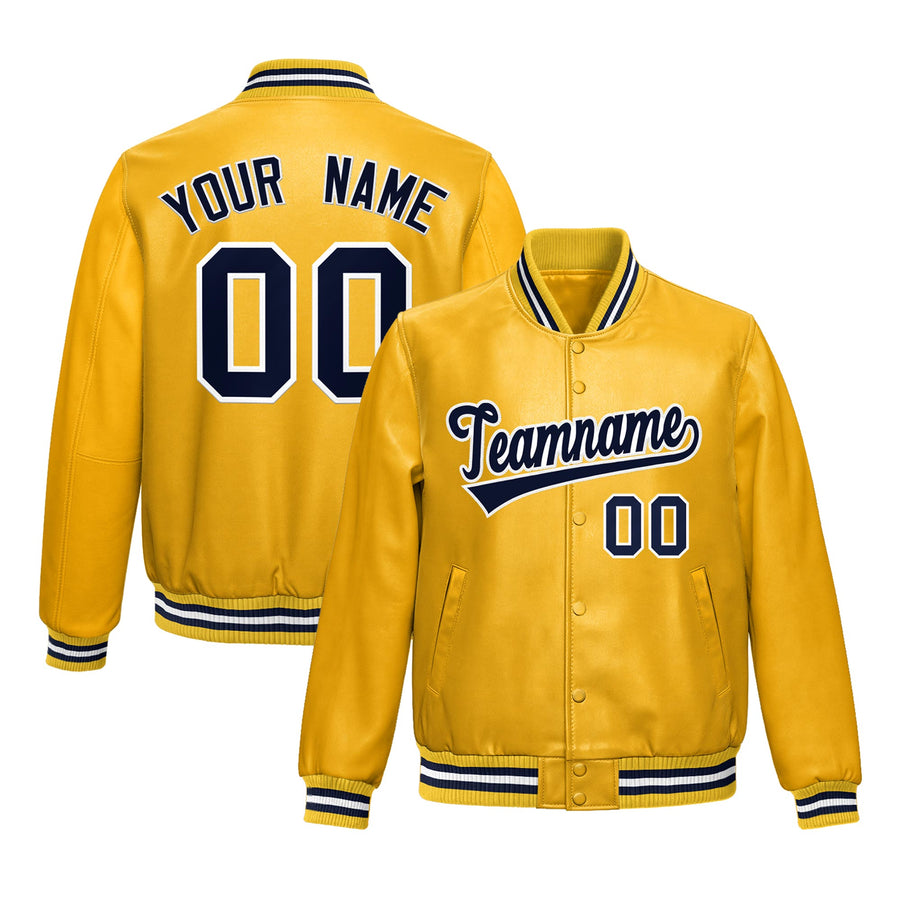 Custom Yellow Navy Full-Snap Varsity Faux Leather Letterman Jacket | BuyFootballJersey