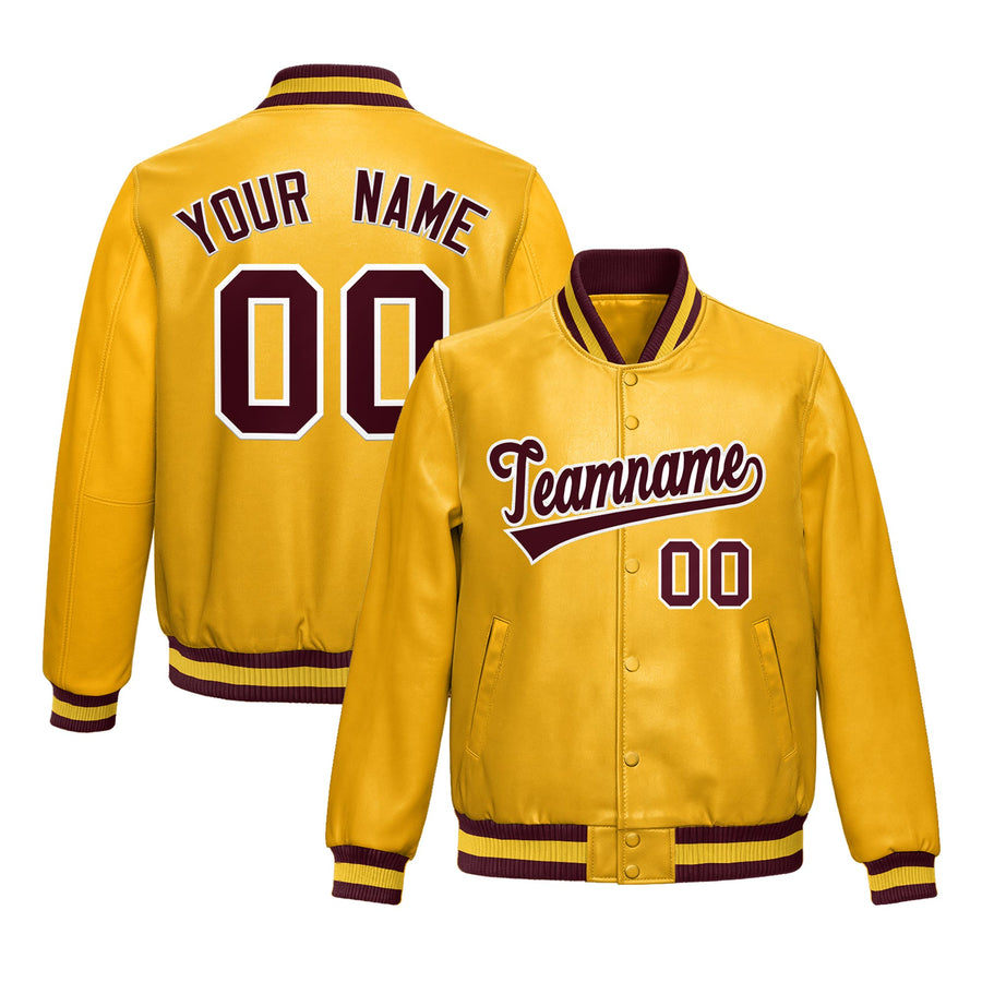 Custom Yellow Crimson Full-Snap Varsity Faux Leather Letterman Jacket | BuyFootballJersey