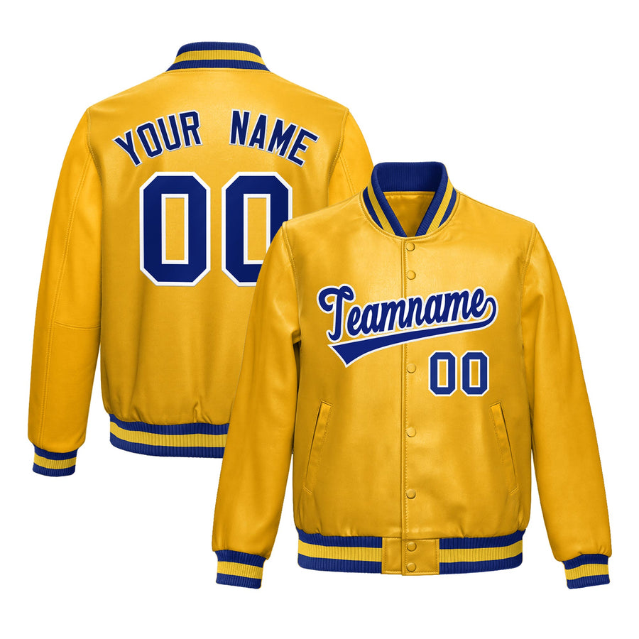 Custom Yellow Royal Blue Full-Snap Varsity Faux Leather Letterman Jacket | BuyFootballJersey