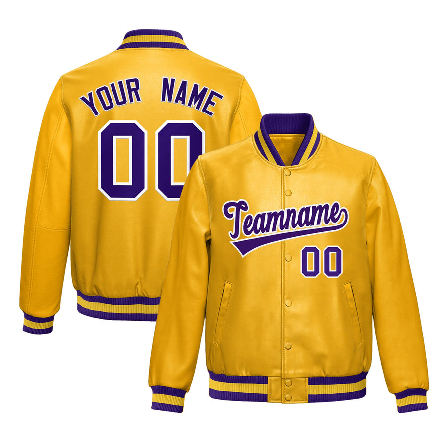 Custom Yellow Purple Full-Snap Varsity Faux Leather Letterman Jacket | BuyFootballJersey