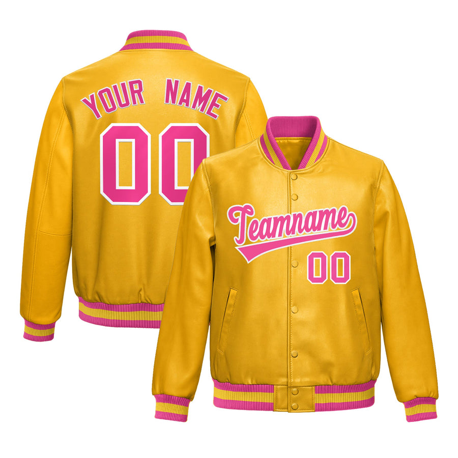 Custom Yellow Pink Full-Snap Varsity Faux Leather Letterman Jacket | BuyFootballJersey