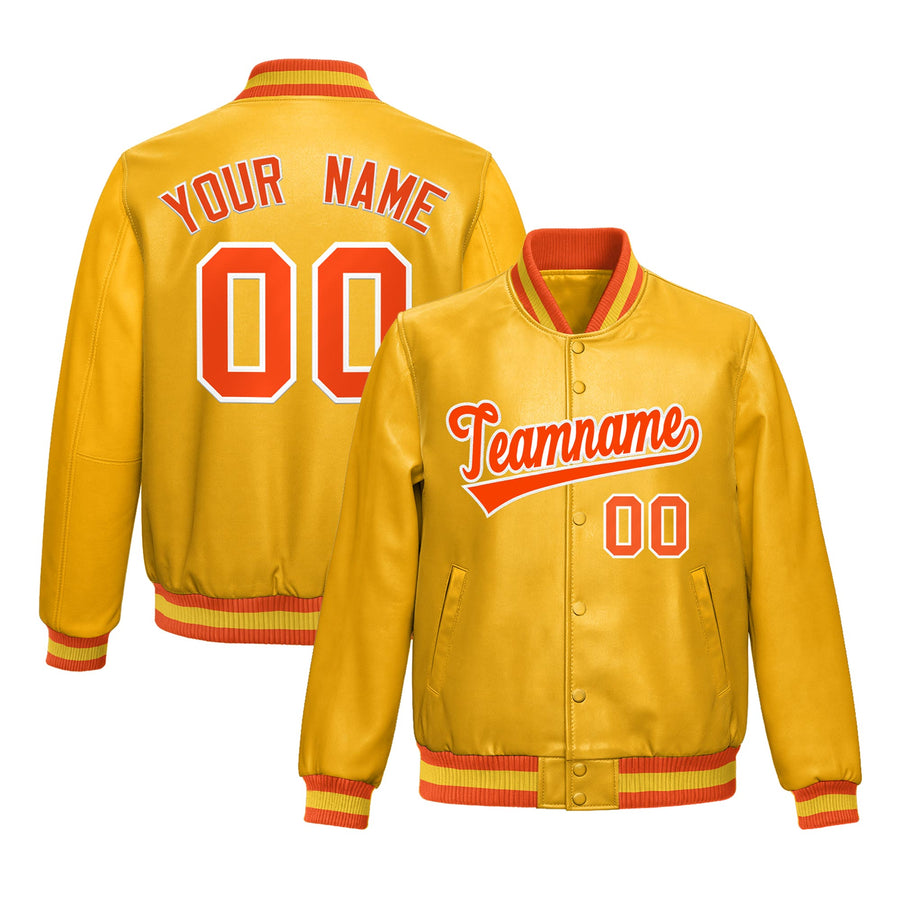 Custom Yellow Orange Full-Snap Varsity Faux Leather Letterman Jacket | BuyFootballJersey