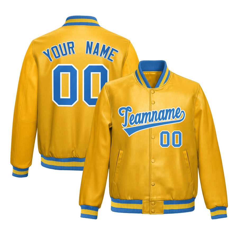 Custom Yellow Light Blue Full-Snap Varsity Faux Leather Letterman Jacket | BuyFootballJersey