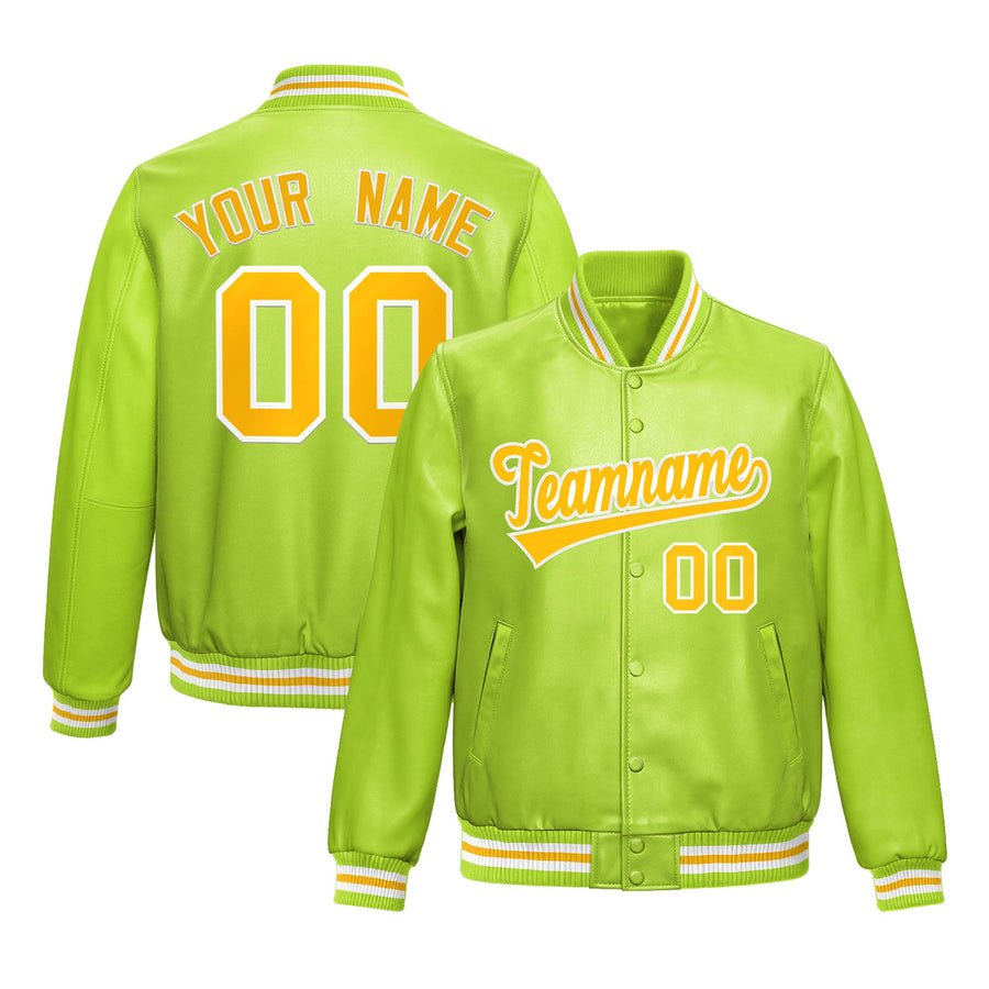 Custom Neon Green Yellow Full-Snap Varsity Faux Leather Letterman Jacket | BuyFootballJersey