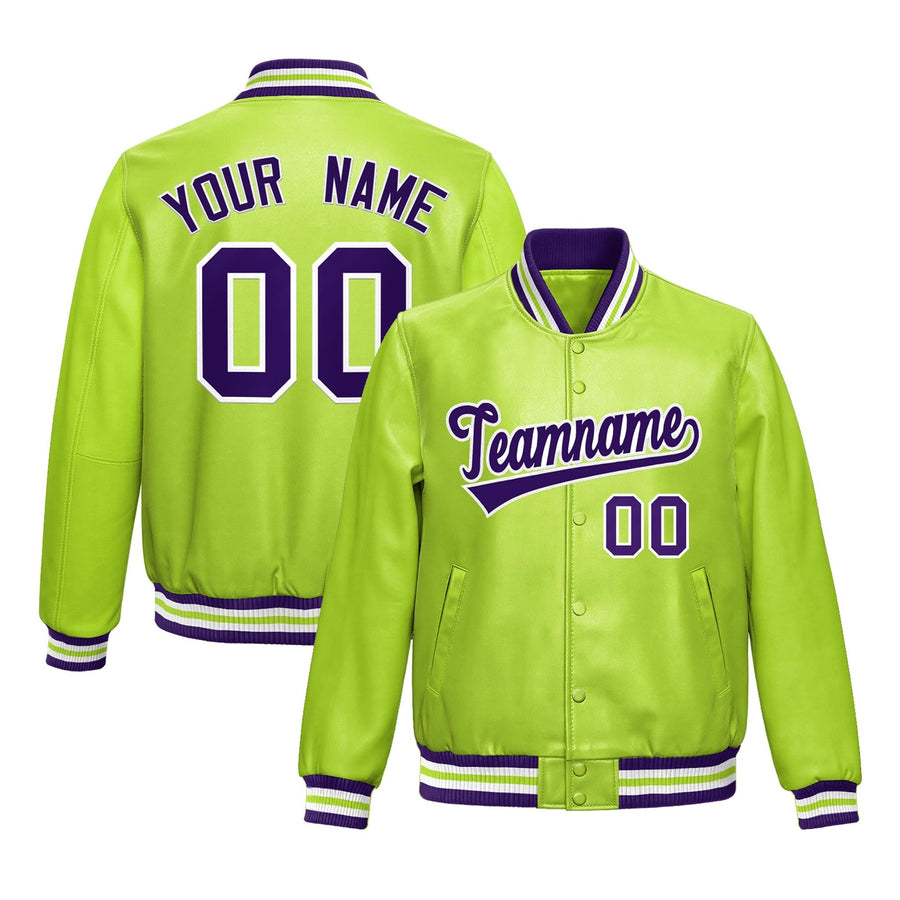 Custom Neon Green Purple Full-Snap Varsity Faux Leather Letterman Jacket | BuyFootballJersey