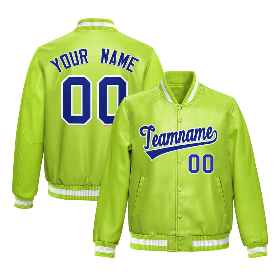 Custom Neon Green Royal Blue Full-Snap Varsity Faux Leather Letterman Jacket | BuyFootballJersey