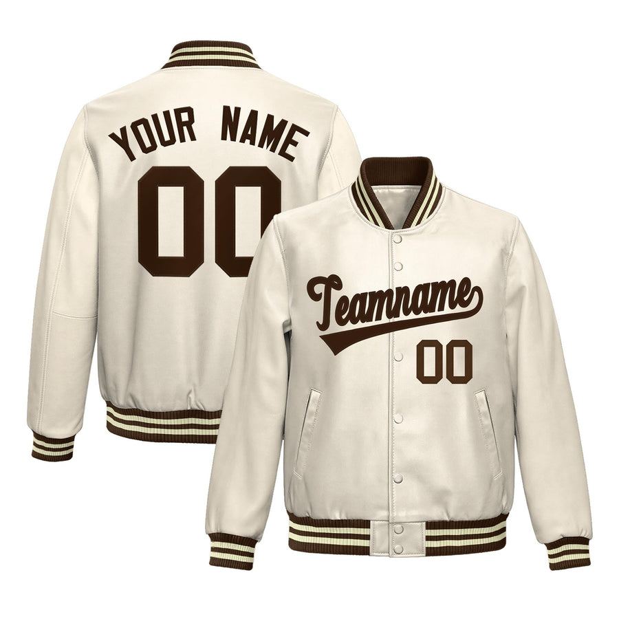 Custom Cream Brown Full-Snap Varsity Faux Leather Letterman Jacket | BuyFootballJersey