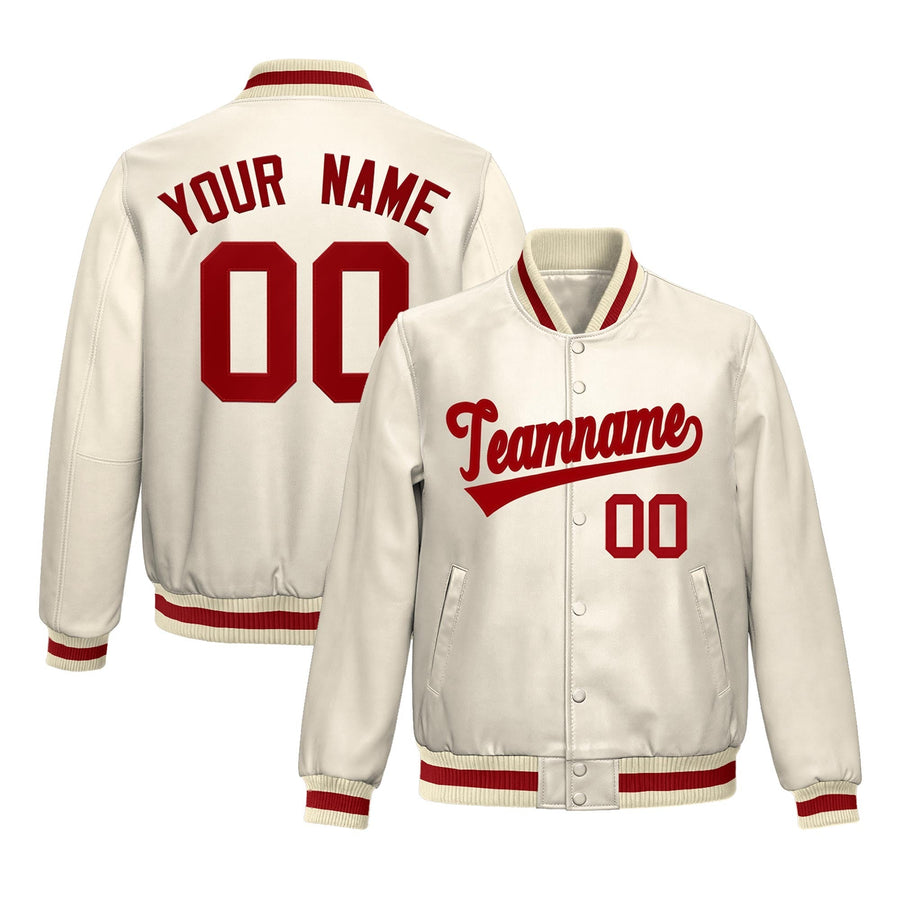 Custom Cream Red Full-Snap Varsity Faux Leather Letterman Jacket | BuyFootballJersey