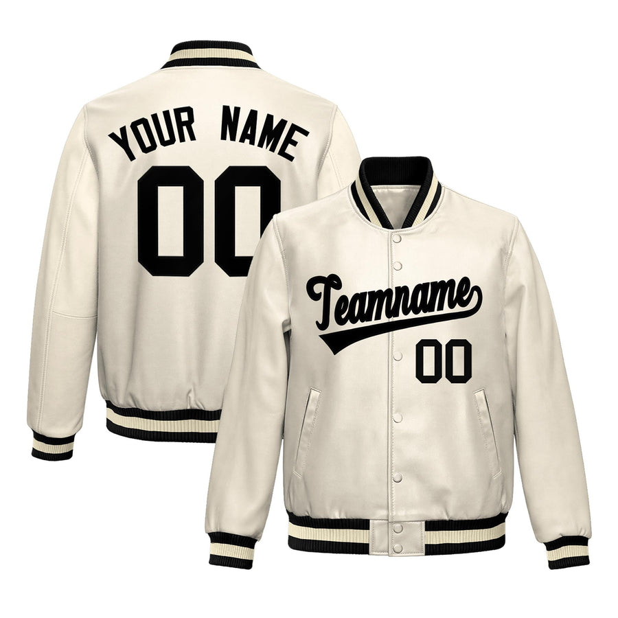 Custom Cream Black Full-Snap Varsity Faux Leather Letterman Jacket | BuyFootballJersey