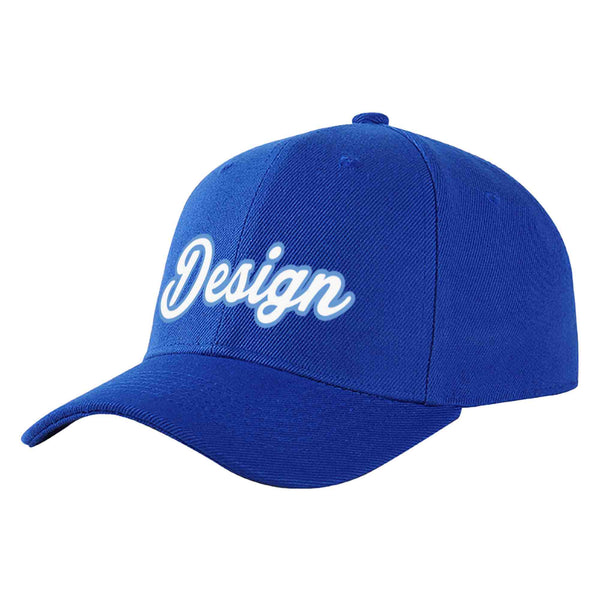 Custom Royal White-Light Blue 3D Puff Embroidery Flat Embroidery Curved Eaves Sport Design Baseball Cap | BuyFootballJersey